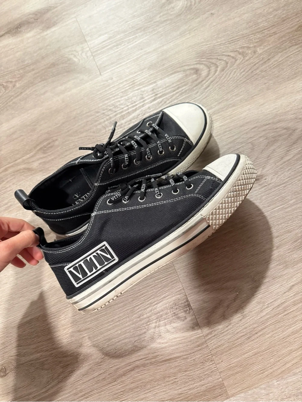 Valentino Garavani Black Canvas Low-Top Sneakers with White Toe Cap